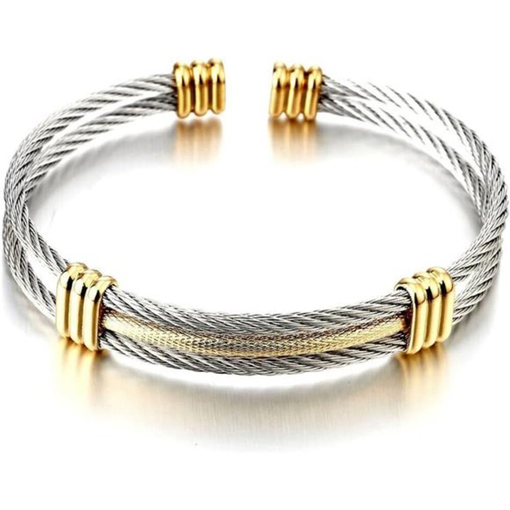 Stainless steel cuff bracelet silver gold twisted cable adjustable bangle